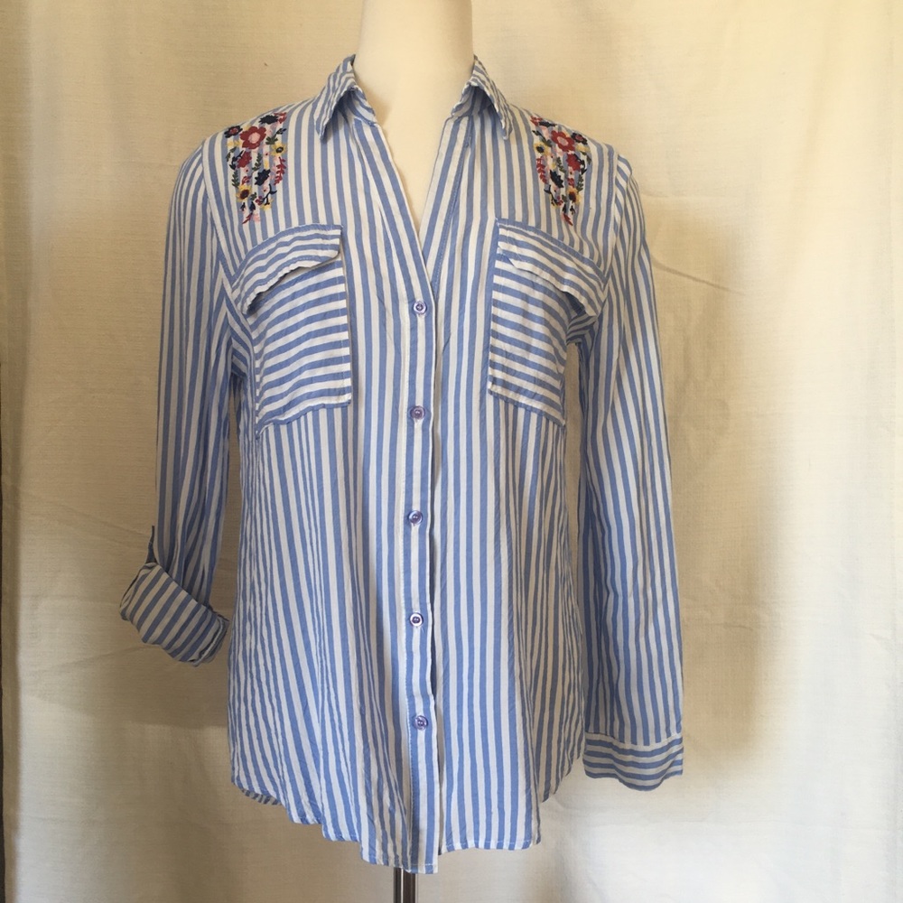 Sweet Wanderer - Long sleeve button up blue/white striped 100% rayon - L